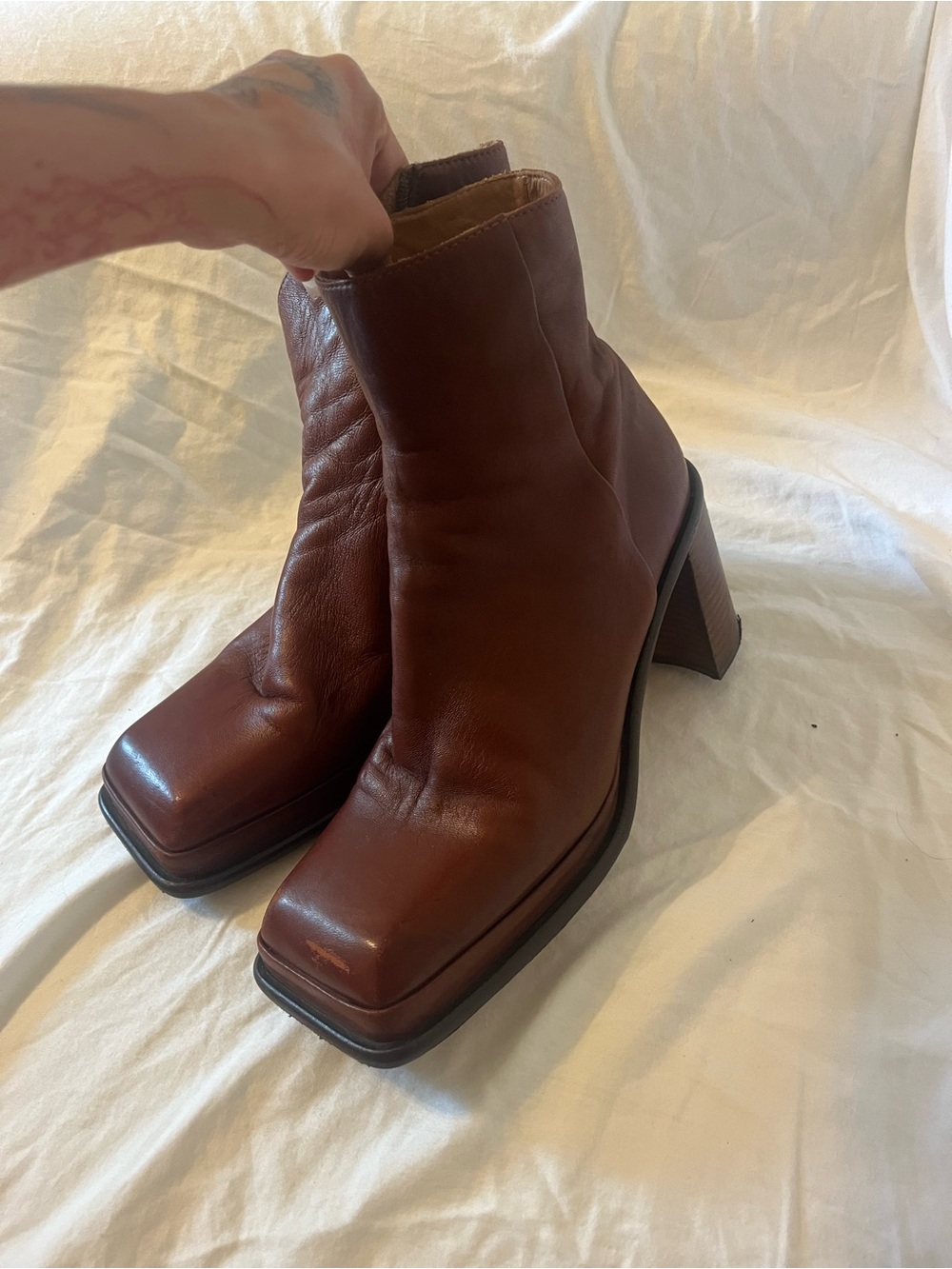 Miista Brown Leather Square-Toe Block Heel Ankle Boots